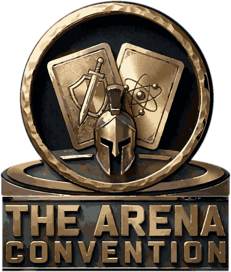 Bronze Arena Convention emblem with a helmet, gaming cards, and arena ring